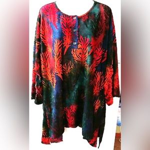 Calessa Tie Dye Burnout Peacock Feather Shark Bite Blouse